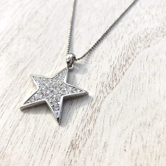 Silver Tone Star Necklace with Rhinestones - Picture 2 of 5